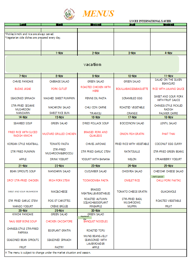 Lycée International Xavier Menus de la cantine_Nov.2022